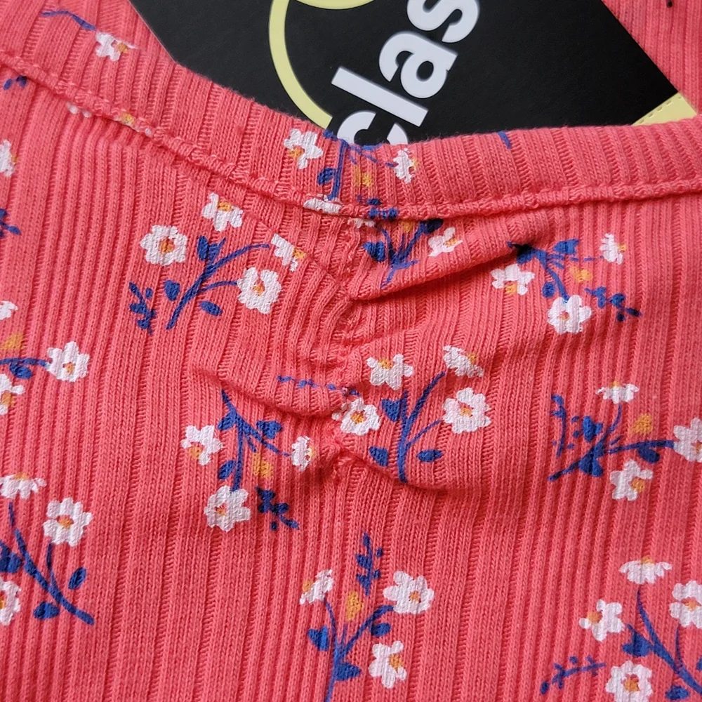Floral Short Sleeve T-Shirt Ribbed Stripes Red Coral Daisy | Art Class